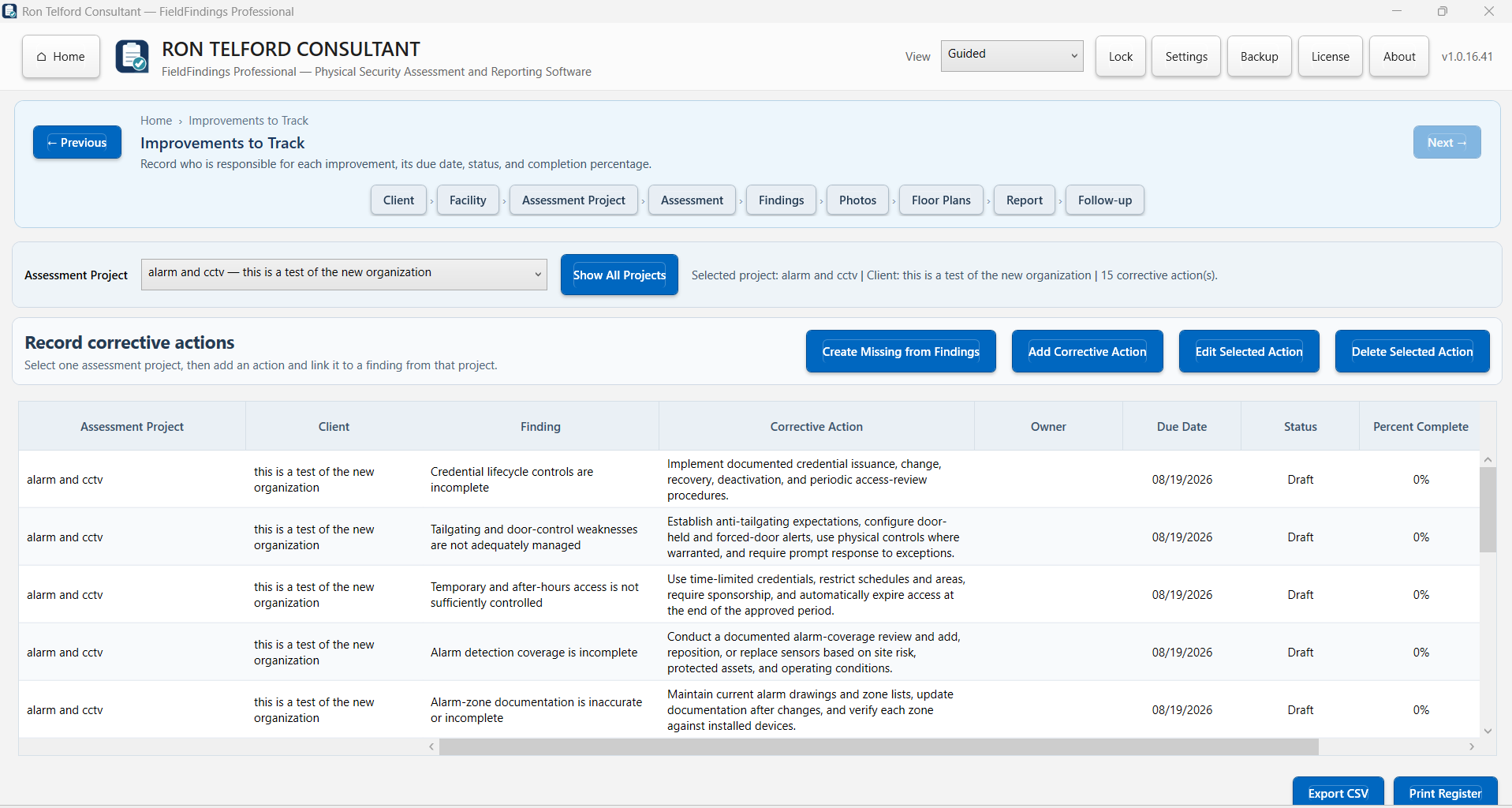 FieldFindings corrective actions screen