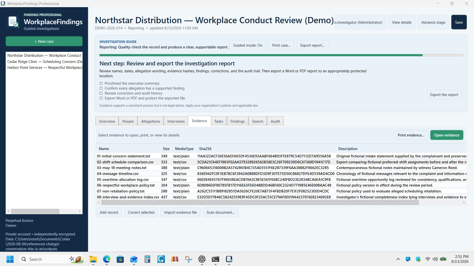 WorkplaceFindings evidence screen