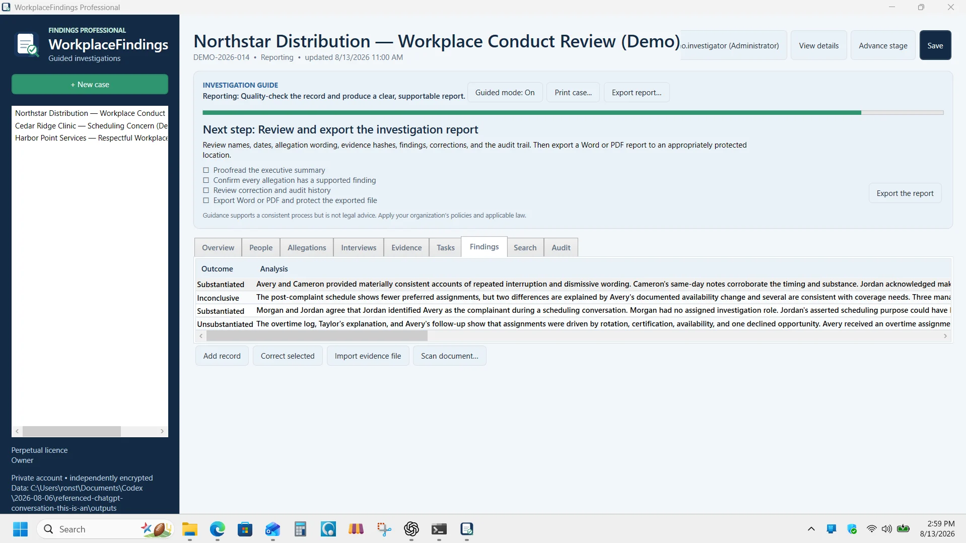 WorkplaceFindings findings screen