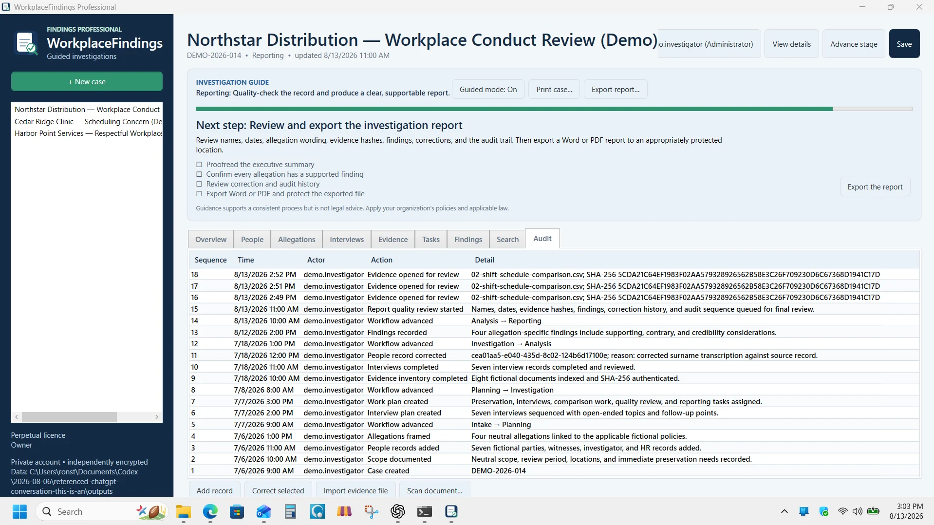 WorkplaceFindings audit history screen